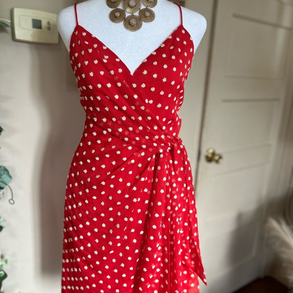 Alice + Olivia Red Polka Dot Wrap-Style Mini Dress - Picture 3 of 16